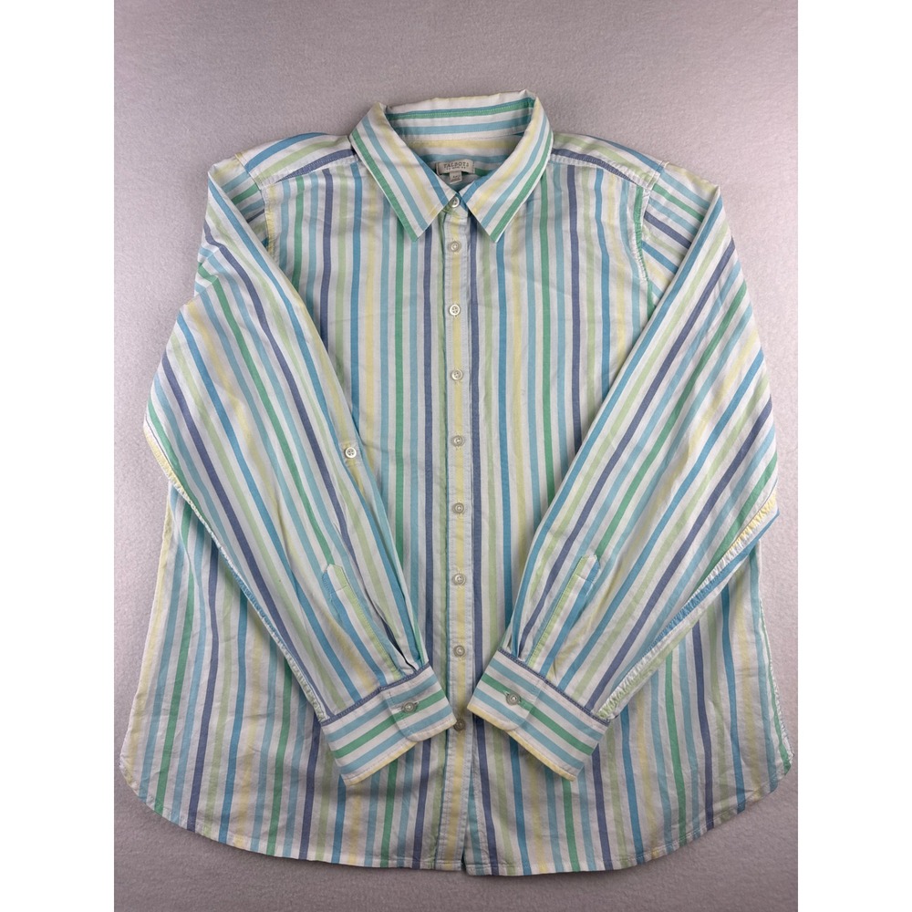 Talbots Petite Large Blue Green Yellow Striped Cotton Button Down Shirt LP